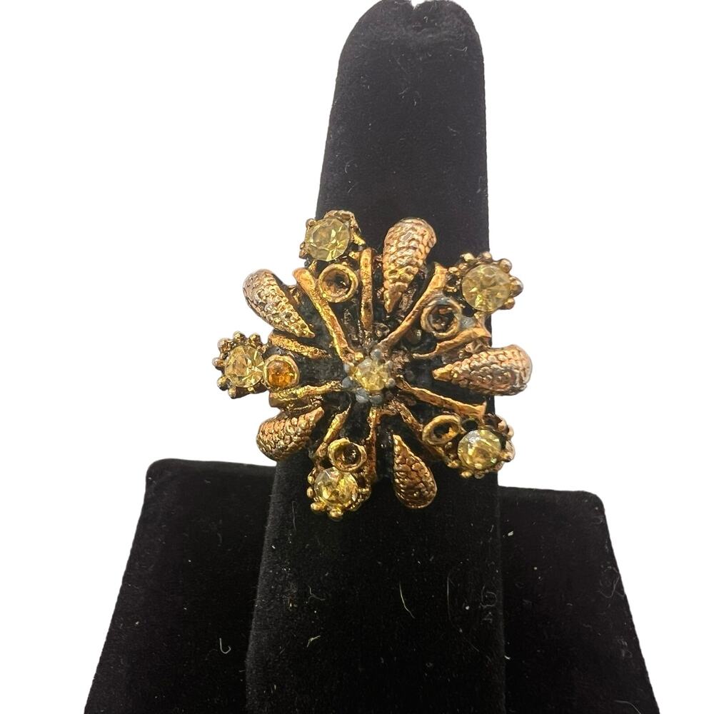 Vintage Starburst Cocktail Ring Gold Tone Adjustable Band w CZ Gems Whimsigoth